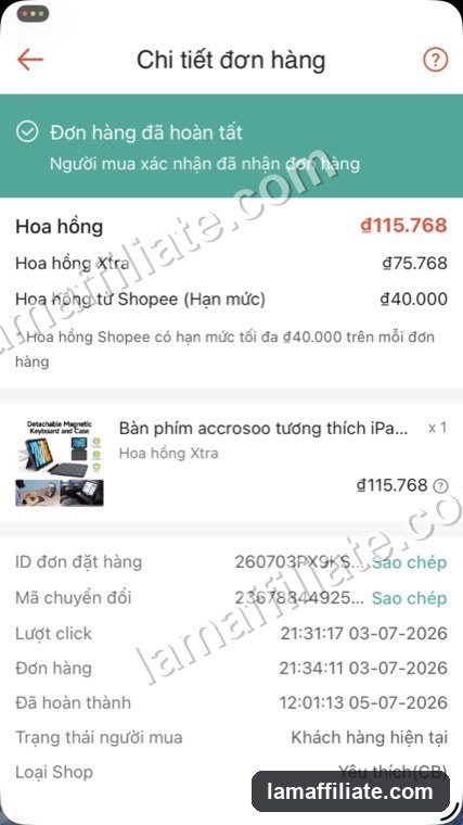 Ảnh chụp đơn Shopee Affiliate: Bàn phím accrosoo cho iPad, hoa hồng 115.768₫