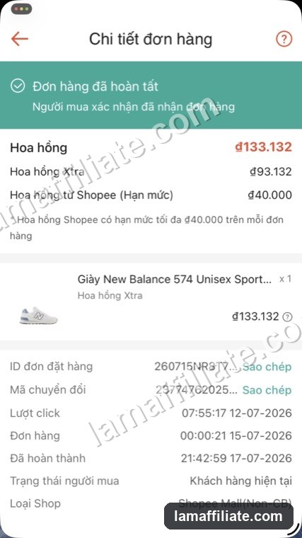 Ảnh chụp đơn Shopee Affiliate: Giày New Balance 574 Unisex, hoa hồng 133.132₫