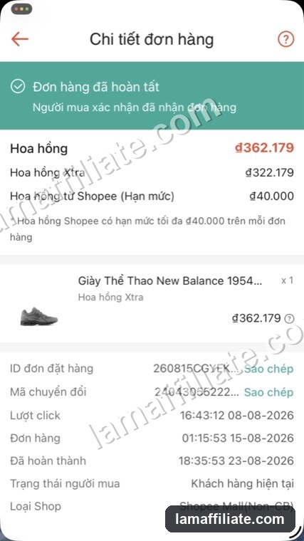 Ảnh chụp đơn Shopee Affiliate: Giày New Balance 1954, hoa hồng 362.179₫