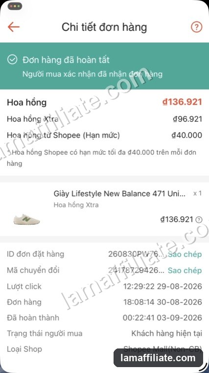 Ảnh chụp đơn Shopee Affiliate: Giày Lifestyle New Balance 471, hoa hồng 136.921₫