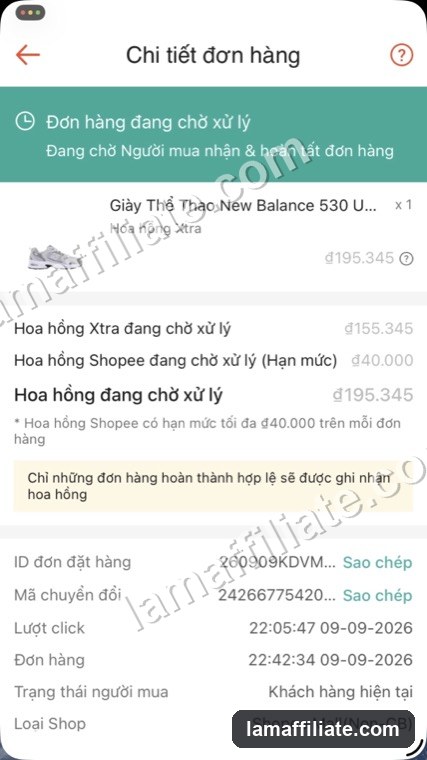 Ảnh chụp đơn Shopee Affiliate: Giày New Balance 530, hoa hồng 195.345₫