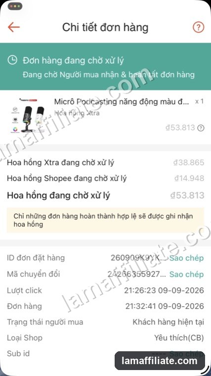 Ảnh chụp đơn Shopee Affiliate: Micro podcasting MAONO, hoa hồng 53.813₫